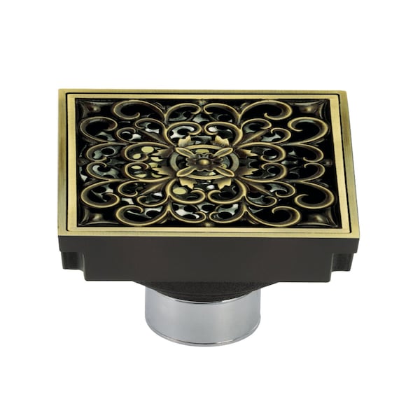 BSF9771AB Watercourse Scroll 4" Square Grid Shower Drain, Antique Brass